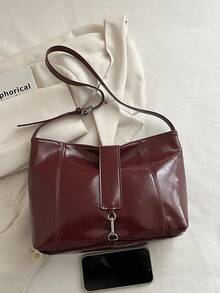1pc Women's Fashionable Commuter Solid Color Shoulder Bag, Portable Versatile Luxury Large Capacity Underarm Bag, Suitable For Dates, Shopping, Gifts, Work - Red - View 9