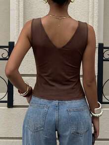 Women's V-Neck Sleeveless Camisole, Made Of High-Elasticity Fabric, Regular Length, Casual Daily Wear - Coffee Brown - View 2