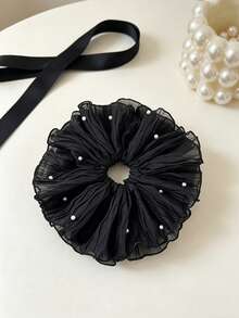 1pc Ethereal Mesh Ruffle Pearl Oversized Hair Scrunchie, Elegant Korean Style Hair Accessory,Travel,Party - Multicolor - View 6