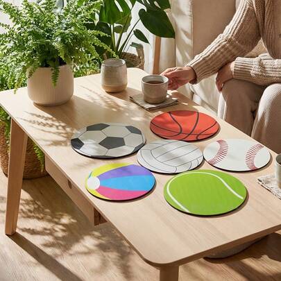 6pcs Sports Ball Themed Coasters, Realistic Football/Basketball/Baseball Heat Insulation Pads, Non-Slip Kitchen/Coffee Table Mats, Gifts For Sports Enthusiasts
