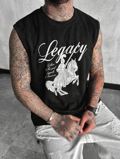 1pc Men's Black Crew Neck Sleeveless Tank Top, Knight Graphic Print, Super Soft Fleece Fabric, American Vintage Streetwear Style, Ideal For Summer Gatherings