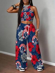 Washington-Wiz-Ards Women's Vest And Trousers Set Washington Wizards Floral Pattern Print 2pcs Vest Set, Basketball Team Women's 3D Print Vest Set, N-Ba Basketball Fans Fashion Sreet Vest Set - 彩色 - 查看 3