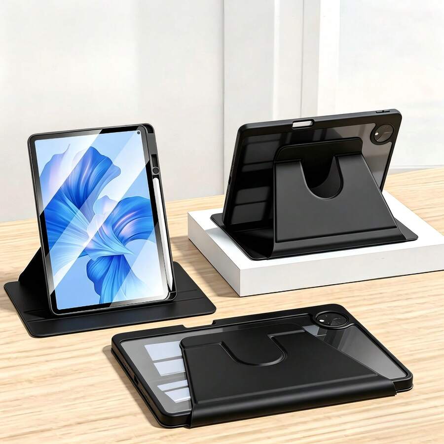 TenYide 这款旋转保护壳兼容 iPad 第 5/6/7/8/9/10/11 代、iPad mini 第 6/7 代、iPad Air 第 1/2/3/4/5 代、11 英寸 (M2)/11 英寸 (M3)/13 英寸 (M2)/13 英寸 (M3)、iPad Pro 12.9 英寸（第 3/4/5/6 代）、Galaxy Tab/ Tab/ Xiaoxin Pad/ Idea Pad/Mate Pad/Honor Pad/Xiaom iPad/Redm iPad 等型号，内置手写笔收纳槽，360 度旋转保护支架，透明后盖，支持自动唤醒/睡眠功能。