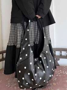 韩版波点手提包，女士春夏新款ins风小众设计复古通勤户外日常购物大容量腋下单肩包 - 黑色 - 查看 5