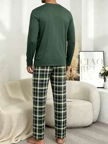 Men's Plaid Print Crew Neck Pullover Top & Pants Pajama Set, Lightweight, Casual & Comfortable, Spring/Autumn, Winter Clothes - Green - View 2