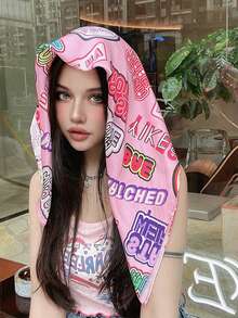 1pc Letter Print Bandana Scarf 70cm, Polyester Neckerchief, Y2K Style Versatile Accessory For Headband, Waistband, Travel, Music Festival - Pink - View 2