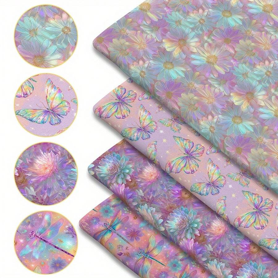 1块彩虹色花卉印花绗缝面料 - 59 x 19.68 英寸(150 x 50 厘米)预裁涤纶面料,带有雏菊、蝴蝶和蜻蜓图案 - 适用于DIY缝纫、剪贴簿、桌布和工艺品制作 - 彩虹 - 查看 1