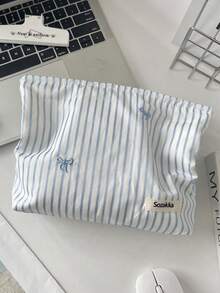 1个蓝色格子刺绣花朵化妆包，便携式化妆包/化妆品收纳包/旅行包，大容量条形化妆包，少女化妆包，刺绣蝴蝶结甜美收纳袋，少女礼物 - 女士夏季化妆包，法式风格化妆包 - 彩色 - 查看 6