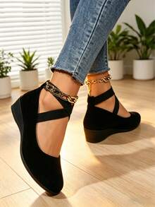 Women's Cross Strap Wedge Heel Shoes, Black Velvet Comfortable Low Heel Pumps For Daily Wear - Black - View 2