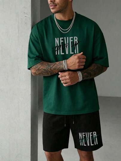 Men's Motivational Slogan Print Round Neck Short Sleeve T-Shirt And Shorts Set, Men's 2-Piece Outfit, Casual T-Shirt Set, Men's Printed T-Shirt Set, Summer