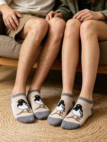 2 Pairs Couple Khaki Gray Contrast Magpie Pattern Casual Socks, Fresh And Natural For All Seasons - Multicolor - View 6