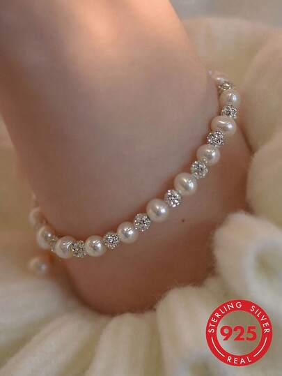 BALMORA 1件优雅奢华的S925纯银珍珠手链，节日派对送给女朋友的礼物