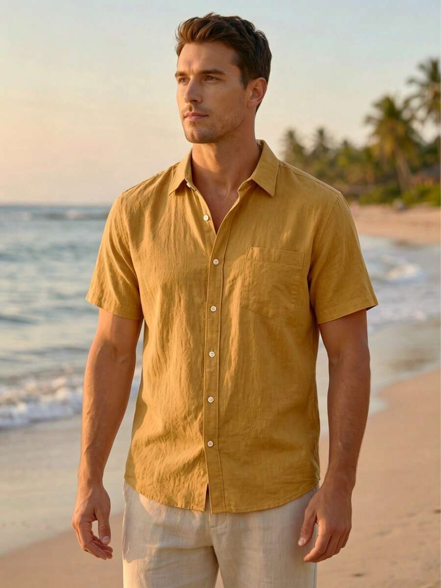 Áo sơ mi nam tay ngắn cổ Henley dáng rộng, thoải mái, chất liệu vải lanh kiểu Hawaii. - trái cam - Xem 1