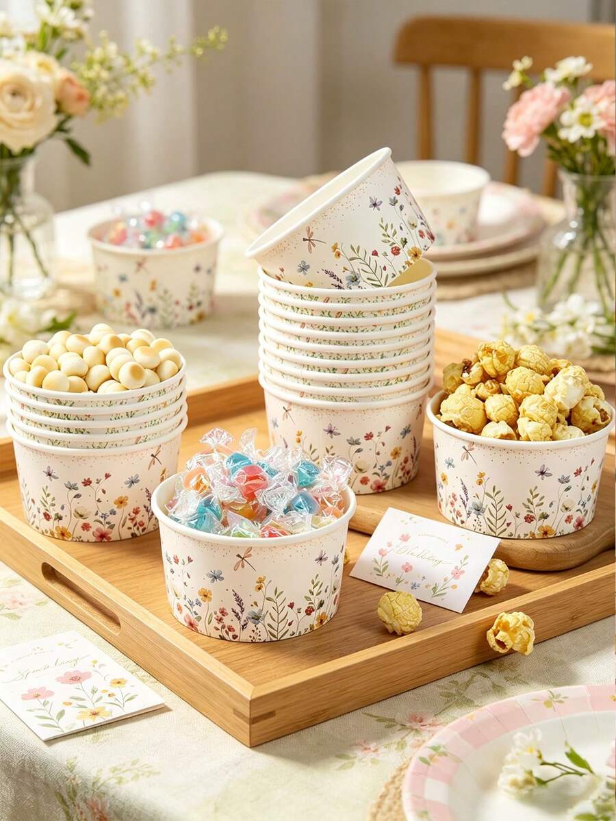 10个8盎司一次性纸碗,可用作冰淇淋杯、爆米花盒、食品托盘、一次性食品容器,适用于野花主题生日派对装饰、婴儿派对装饰、婚礼派对装饰、生日派对餐具、春节派对一次性碗、野花派对用品、礼品包装盒、食品包装用品、家居装饰、厨房和餐厅、外卖野餐派对、食品配送日常使用。 - 野花 - 查看 1