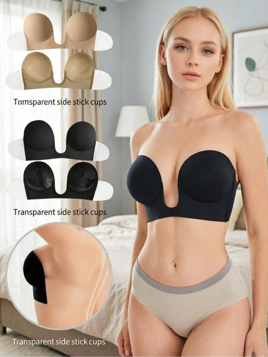 1pc Women's Sexy U-Shaped Backless Self-Adhesive Nipple Cover Bra Lift Enhancer, Full Coverage, Reusable, Suitable For Wedding Photography - Multicolor - View 1