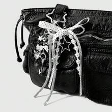 1个极简手工串珠钥匙扣，百搭休闲学院风，适合女性日常佩戴或作为礼物，包含白色仿珍珠、黑白波点丝带、银色CCB珠子、镂空星星、十字架、水钻和软陶绳。 - 銀色 - 查看 3