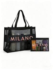 MILANO 印花透明網眼托特包套組，黑色透明網眼海灘包附拉鍊收納袋，大容量透氣旅行收納包，適用於化妝品、盥洗用品和海灘用品，適合海灘旅行、游泳、旅行、健身、購物和日常使用，適合女性、女孩、旅行者和美容愛好者，夏季假期、生日和節日禮物，可用作托特包、海灘包、旅行收納包和化妝包 - 彩色 - 查看 6
