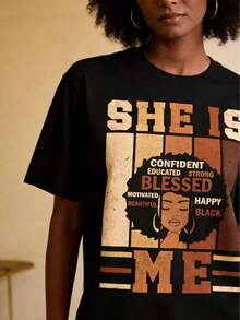 Ella Yo Women's Short Sleeve T-Shirt - Juneteenth Black History & Pride Festival T-Shirt - Adult Casual Crew Neck Short Sleeve T-Shirt With African Woman Portrait And Positive Affirmations - Standard Fit, New Spring/Summer Women's T-Shirt Collection - Fun Everyday Wear - Gift Must-Have - 100% Cotton - 黑色 - 查看 2