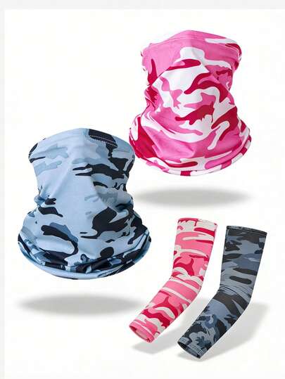 1 Set Camouflage Face Mask With Arm Sleeve, Multi-Functional Neck Gaiter, Military Camo Face Mask For Riding, Breathable Sun Protection And Dust-Proof