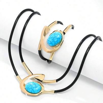 2pcs/Set Bohemian Style Necklace And Bracelet Set, Double Black Cord Design With Oval Blue Turquoise Pendant, Women's Fashion Jewelry, Polyester, Resin, Vintage, Suitable For All Seasons, Party Accessories