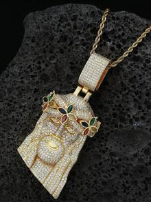 Bling Colorful Four-Leaf Clover Jesus Head Copper Zirconia Pendant Necklace, European And American Rapper Same Style Twisted Chain Necklace, Personalized Accessory For Men - Four-leaf Clover Jesus Pendant Necklace - View 11