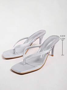 Sandalias de verano minimalistas y versátiles para mujer, sandalias de tacón de gatito y tacón medio con tiras y lentejuelas, tacón fino - Plateado - Ver 7