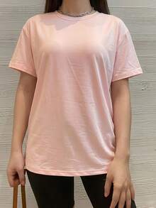 Black Loose Casual Drop Shoulder Short Sleeve T-Shirt Sports - Pink - View 4