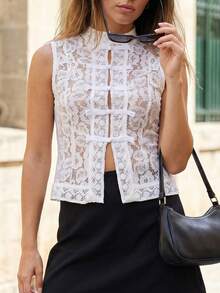 Camiseta sin mangas de encaje para mujer, elegante blusa de verano sin mangas con cuello alto y malla transparente. - Blanco - Ver 5