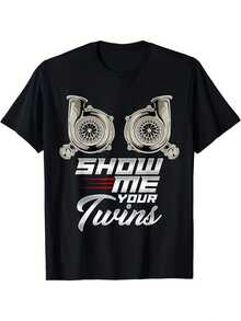 MenS Funny Turbo Racing Show Me Your Twins TTs Graphic T-Shirt - 100% 180gsm Retro Turbocharger Design With Twins Text & Racing Turbo Art, Black Casual Short Sleeve Round Neck Tee For Motorsport Enthusiasts, All-Season Comfort, Machin Valentine's Day - Black - View 6