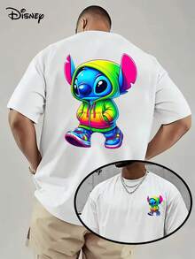 [Disney Licensed]Disney Lilo & Stitch Stitch Rainbow Hoodie Style Streetwear Graphic T-Shirt, Men's Oversized Front & Back Print Short Sleeve Tee, Vibrant Kawaii Top For Summer Daily Wear, Back To School, Stitch Fans Gift, Casual Outings & Teen Fashion, Disney Officially Authorized Men's Short-Sleeved T-Shirts, Mens Clothes, Men, Ropa De Hombre, Summer Clothes, Men Shirts, Graphic Tees, Disney Outfits Men, Graphic Tees, Camisetas Para Hombre, Camisas Para Hombre, Summer Outfits For Men, Father's Day Gift, Perfect Gift For Family And Friends, Which Are Necessary For Birthday Parties, Disney Shirts, Mens Clothes, Summer Clothes, Officially Licensed Disney T-Shirts, Disney Men's And Women's Spring/Summer Fashion Casual Short-Sleeve T-Shirts - White - View 1