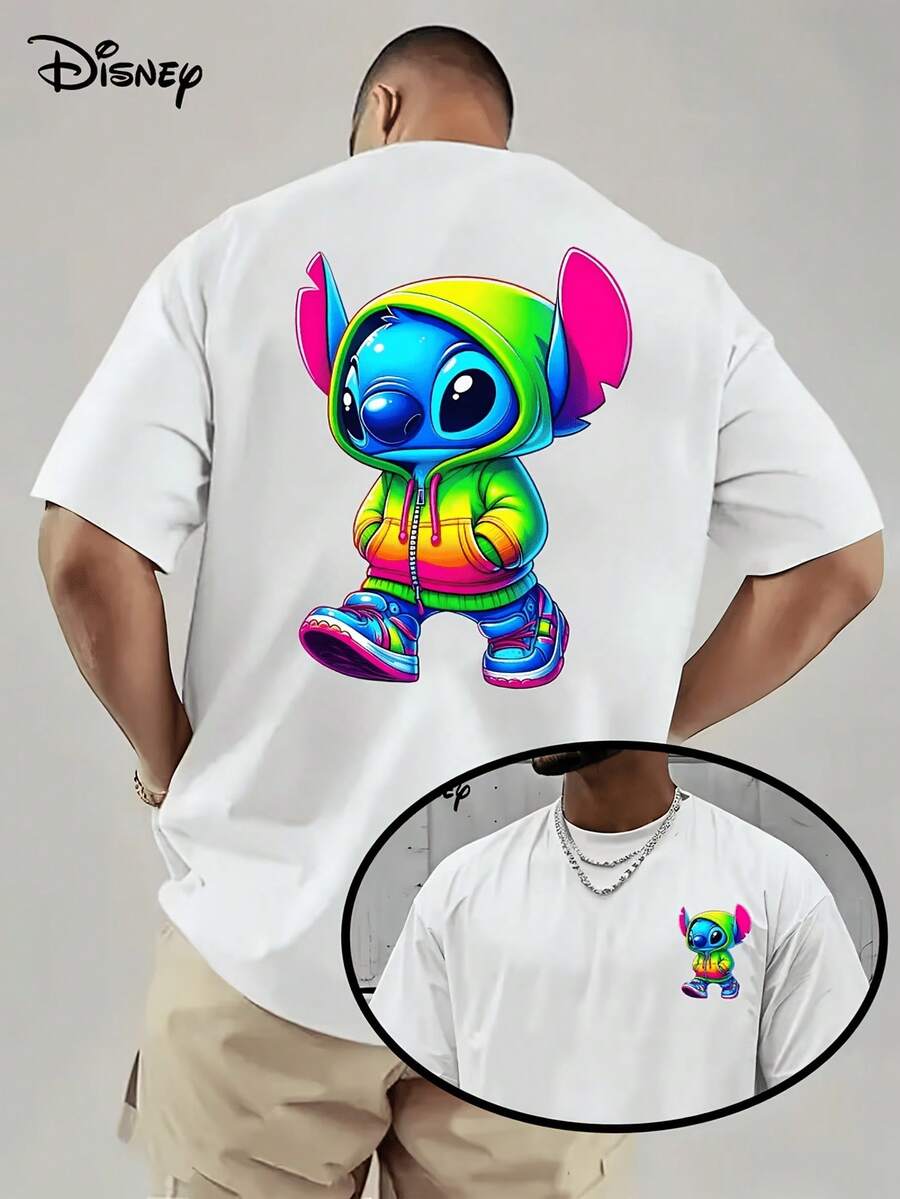 [Disney Licensed]Disney Lilo & Stitch Stitch Rainbow Hoodie Style Streetwear Graphic T-Shirt, Men's Oversized Front & Back Print Short Sleeve Tee, Vibrant Kawaii Top For Summer Daily Wear, Back To School, Stitch Fans Gift, Casual Outings & Teen Fashion, Disney Officially Authorized Men's Short-Sleeved T-Shirts, Mens Clothes, Men, Ropa De Hombre, Summer Clothes, Men Shirts, Graphic Tees, Disney Outfits Men, Graphic Tees, Camisetas Para Hombre, Camisas Para Hombre, Summer Outfits For Men, Father's Day Gift, Perfect Gift For Family And Friends, Which Are Necessary For Birthday Parties, Disney Shirts, Mens Clothes, Summer Clothes, Officially Licensed Disney T-Shirts, Disney Men's And Women's Spring/Summer Fashion Casual Short-Sleeve T-Shirts - White - View 1