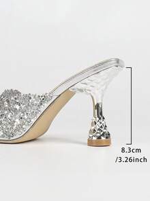 Women's Fashionable Elegant Silver Transparent Sparkling Rhinestone Decor Mule High Heel Sandals - Slip-On Square Toe Stiletto Heels, Charming For Summer Wedding Party Events Runway Daily Outdoor Wear - Silver - View 9