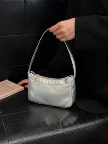 亮银色腋下包，多功能新月形单肩包，柔软皮革法棍包，通勤休闲两相宜 - 銀色 - 查看 5