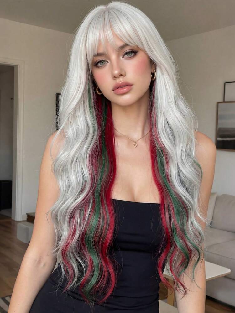 30 Inch White With Red Green Peekaboo Highlights Long Wavy Wig – Heat Resistant Synthetic Hair For Christmas & Halloween Cosplay Natural Looking Synthetic Hairpiece For Holiday Party - Multicolor - View 2
