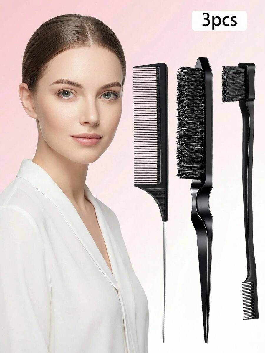 3件套美发造型工具套装 - 蓬松梳、挑染梳、尖尾梳和眉刷（女士适用）| 美发造型工具、DIY发型配件、家居、卧室、沙龙和旅行必备品、梳子套装、日常护发、梳子套装、梳子、梳头、美发产品、倒梳、美发工具、假日必备品、美发产品、日常用品