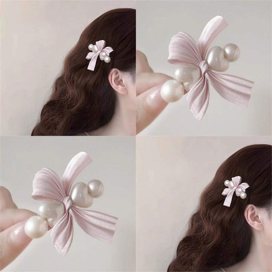 Hair Clips - Pink Bow Pearl Claw Clip - View 1