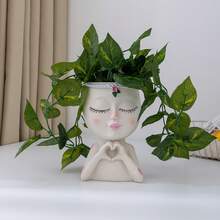 1个心形手势女孩花盆，带排水孔，树脂女性肖像花瓶，室内外装饰 - A - 查看 2