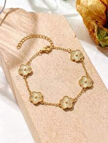 1pc Pentagonal Flower Beaded Bracelet, Luxury Niche Korean Style Minimalist Bracelet For Women - five flower bracelet - View 3