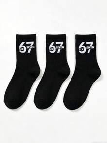 3双装男女通用黑色67号时尚休闲百搭中筒袜，适合男士和女士，四季皆宜 - 黑色 - 查看 7
