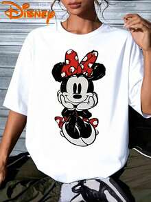 Women's Disney Short Sleeve Top With Minnie Mouse Print, Red Polka Dot Bow, Black Skirt, White Gloves.New Spring/Summer Casual Short Sleeve Shirt, Disney Series Printed Round Neck Summer T-Shirt.Suitable For Spring And Summer, Disney Trip - trắng - Xem 1