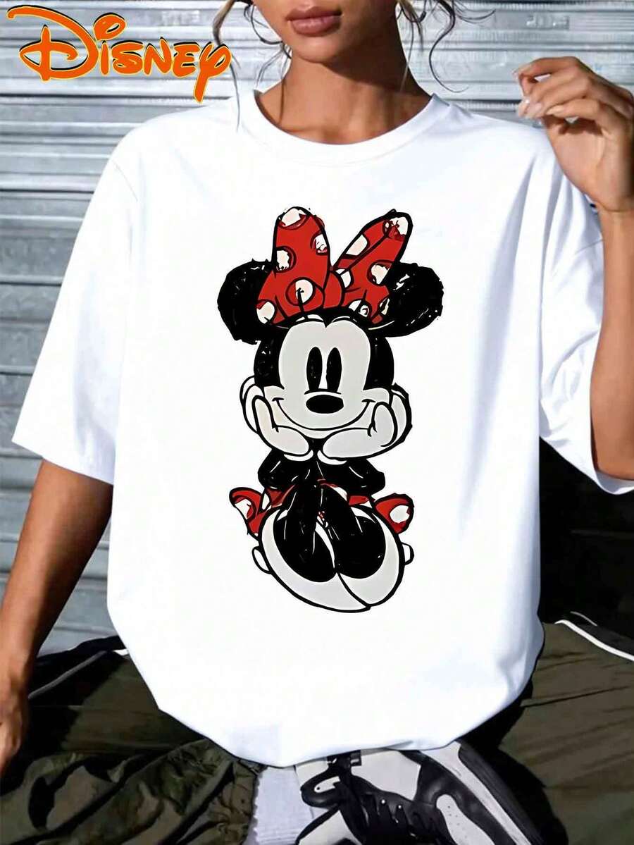 Women's Disney Short Sleeve Top With Minnie Mouse Print, Red Polka Dot Bow, Black Skirt, White Gloves.New Spring/Summer Casual Short Sleeve Shirt, Disney Series Printed Round Neck Summer T-Shirt.Suitable For Spring And Summer, Disney Trip - trắng - Xem 1