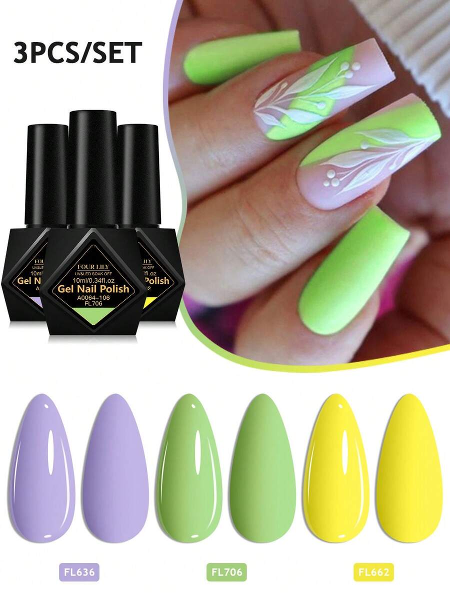 FOUR LILY 3件組 10ml 馬卡龍色凝膠指甲油，無HEMA、無TPO半永久可卸式UV凝膠指甲油，持久、無鉛DIY美甲裝飾，美甲沙龍與居家美甲用品