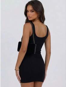 Women's Soft Rib Knit Square Neck Fitted Casual Dress, Fashionable For Dates And Gatherings - Black - View 3