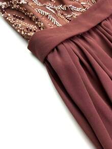[Random Cut] Plus Size Women's New Round Neck Mesh Pearl Embroidery Patchwork Chiffon Ruched Waist Elegant Evening Party Dress Wedding Spring - Coffee Brown - View 7
