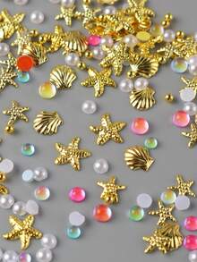 1 confezione di perline miste da sirena, stelle marine, conchiglie, perle bianche, decorazioni dorate, accessori fai-da-te per arte di unghie estiva e vacanze - Multicolore - Visualizzare 8