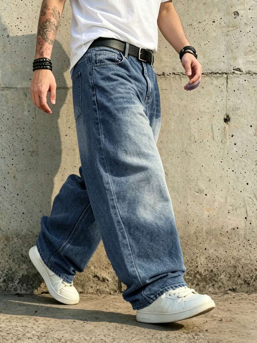 1 chiếc quần jeans nam ống rộng dáng suông kiểu vintage, không co giãn, phù hợp cho cả mặc thường ngày và đi làm. - Màu xanh lam - Xem 1