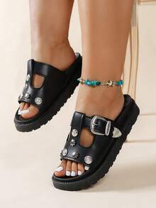 Zapatos de mujer de ajuste ancho, unicolor con decoración de remaches, diseño de una correa, punta abierta y transpirable, moda versátil, cómodos y ligeros, decoración de remaches, plataforma, slip-on, suela gruesa, sandalias casuales, adecuadas para uso diario - Negro - Ver 4