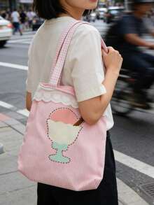 Back To School Korean Style Pink Canvas Bag, Large Capacity Foldable Tote Bag, Suitable For University Students, Commuting, Outdoor, Daily Shopping, Shoulder Bag - Pink - View 3