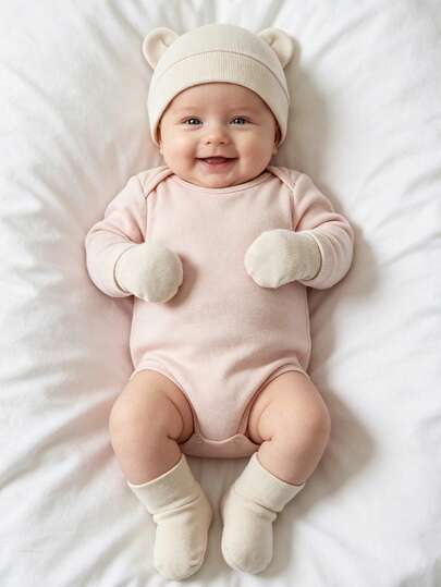 1Set Newborn Bear Ear Hat + Anti-Scratch Mittens + Socks, Soft Baby Accessory Kit