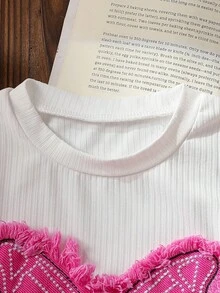 两件套女童夏季甜美清新圆领蝴蝶印花短袖上衣T恤和粉色牛仔裙（带口袋），休闲日常穿着 - 玫紅色 - 查看 4
